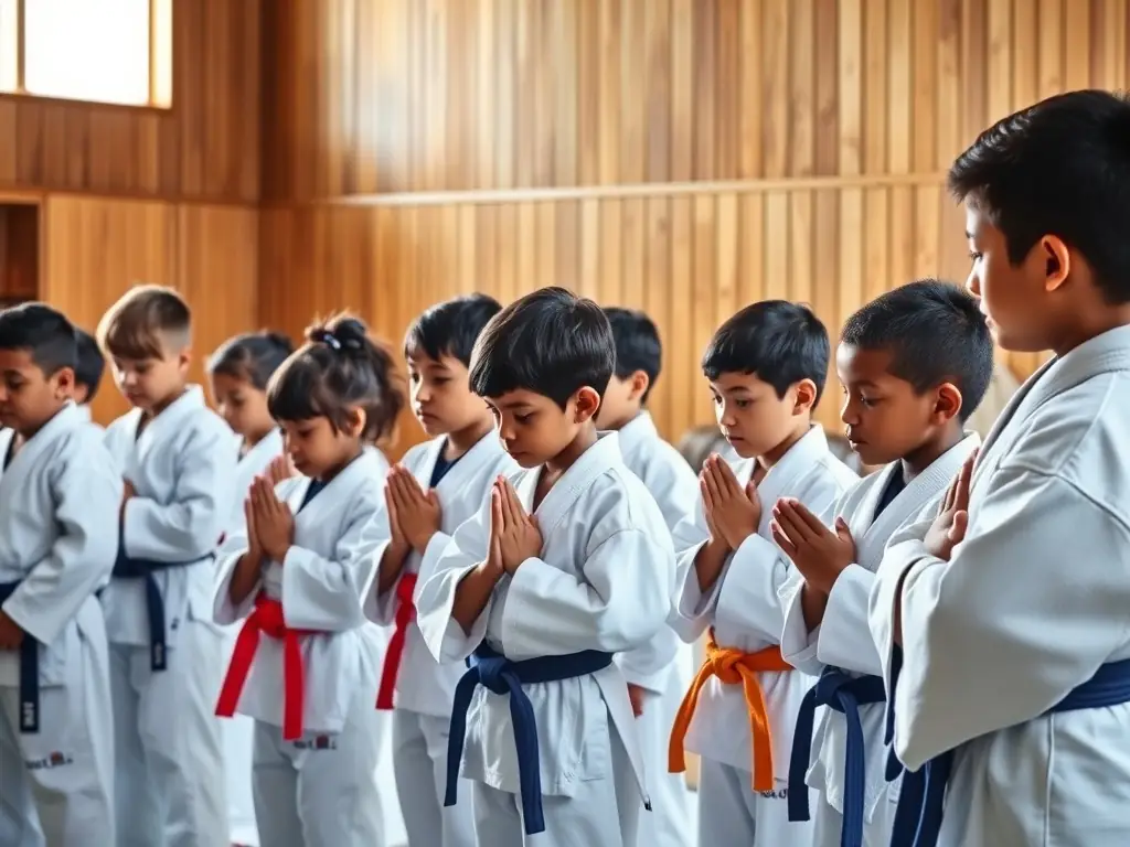 A group of children in judo uniforms bowing respectfully to their instructor before a training session at JCO JUDO CLUB OLERONNAIS, symbolizing discipline and respect.