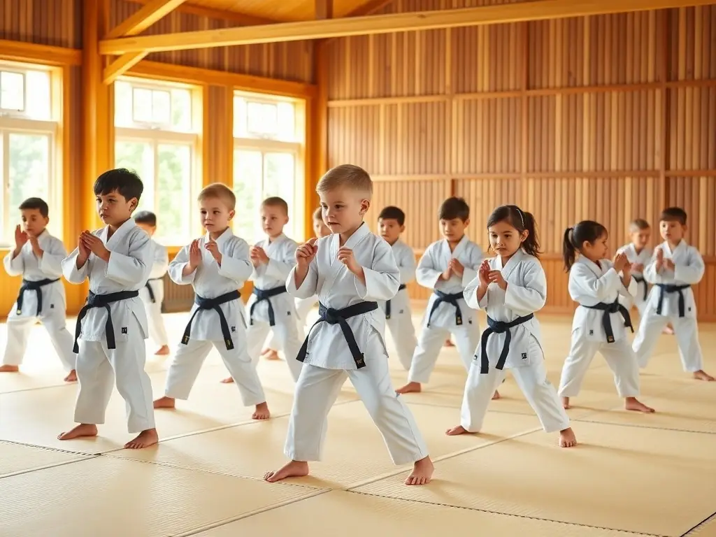A group of children in judo uniforms practicing basic stances and movements under the guidance of an instructor, set in a bright and spacious dojo.