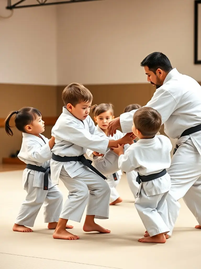 A group of children in white judo uniforms practicing a basic judo throw under the guidance of an instructor at JCO JUDO CLUB OLERONNAIS.