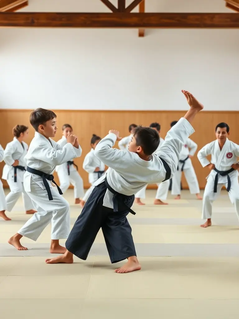 A diverse group of children and adults practicing judo throws in a well-lit dojo, showcasing the club's inclusive training environment.