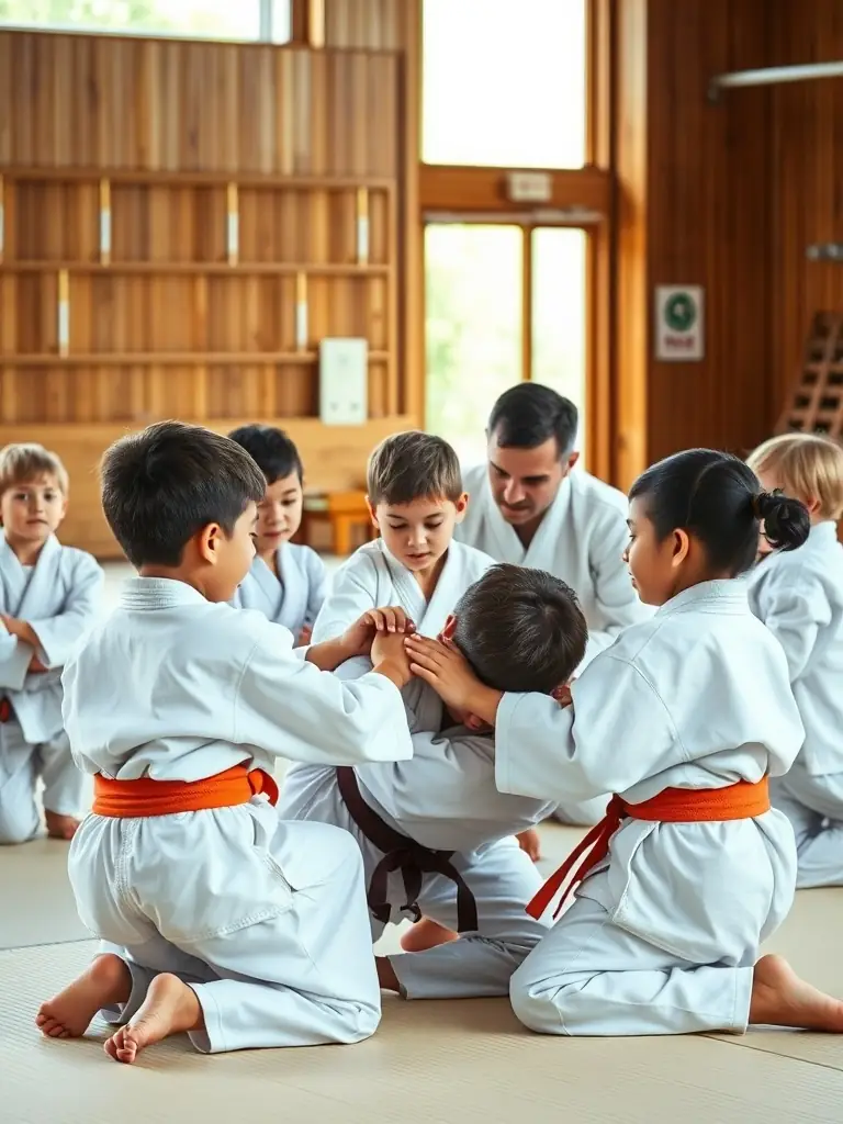 A group of children in judo uniforms practicing a grappling technique under the guidance of an instructor at JCO JUDO CLUB OLERONNAIS, showcasing the club's focus on youth development and skill-building.
