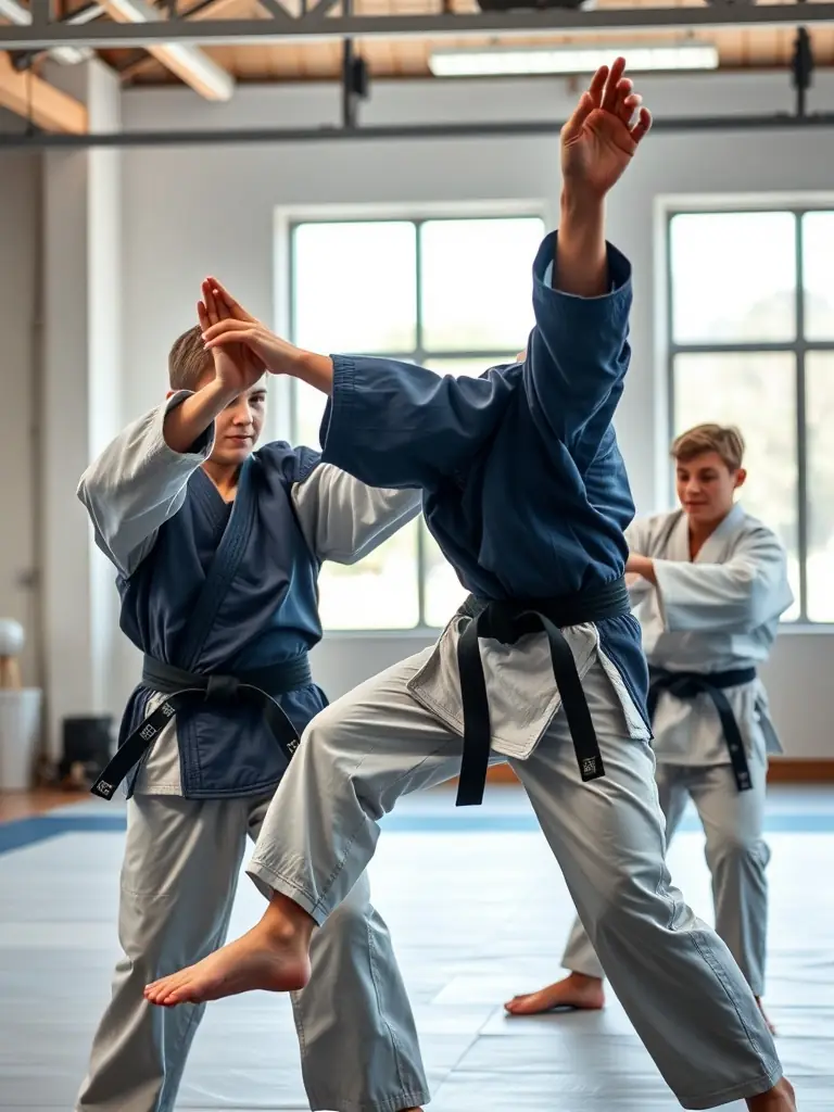 Teenagers practicing advanced judo techniques during a training session at JCO JUDO CLUB OLERONNAIS, showcasing their agility and skill.