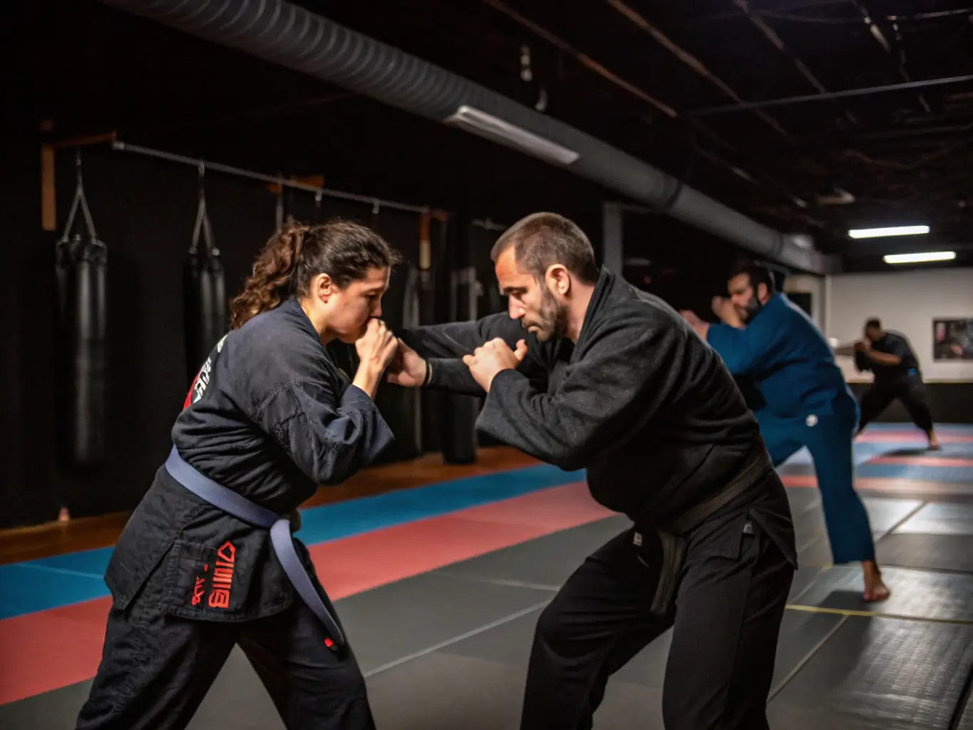 A dynamic image of adult students practicing jujitsu self-defense techniques, showcasing the intensity and focus of the training session.