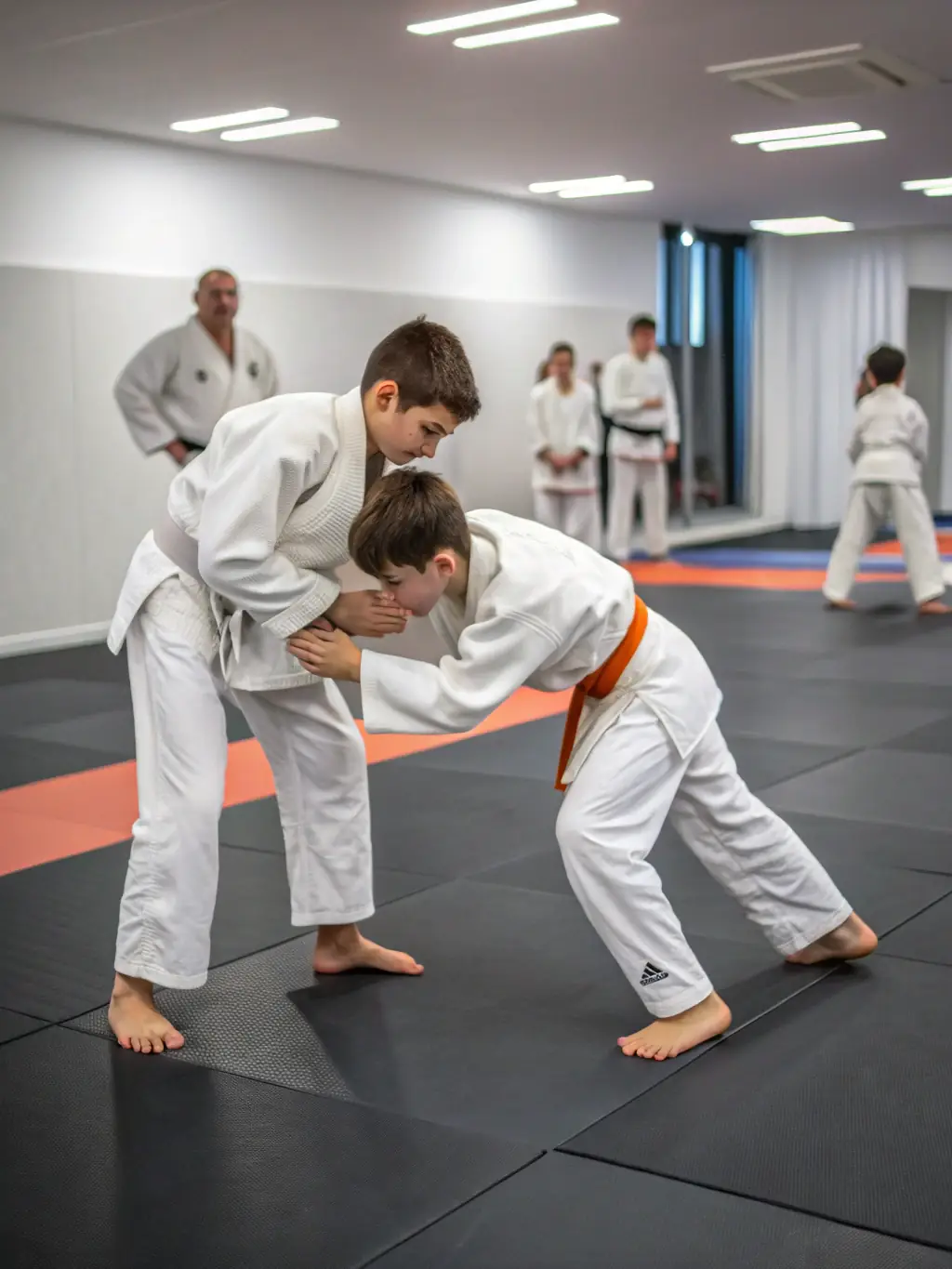 Teenagers practicing Jujitsu techniques in a well-lit dojo at JCO JUDO CLUB OLERONNAIS, demonstrating a grappling move.