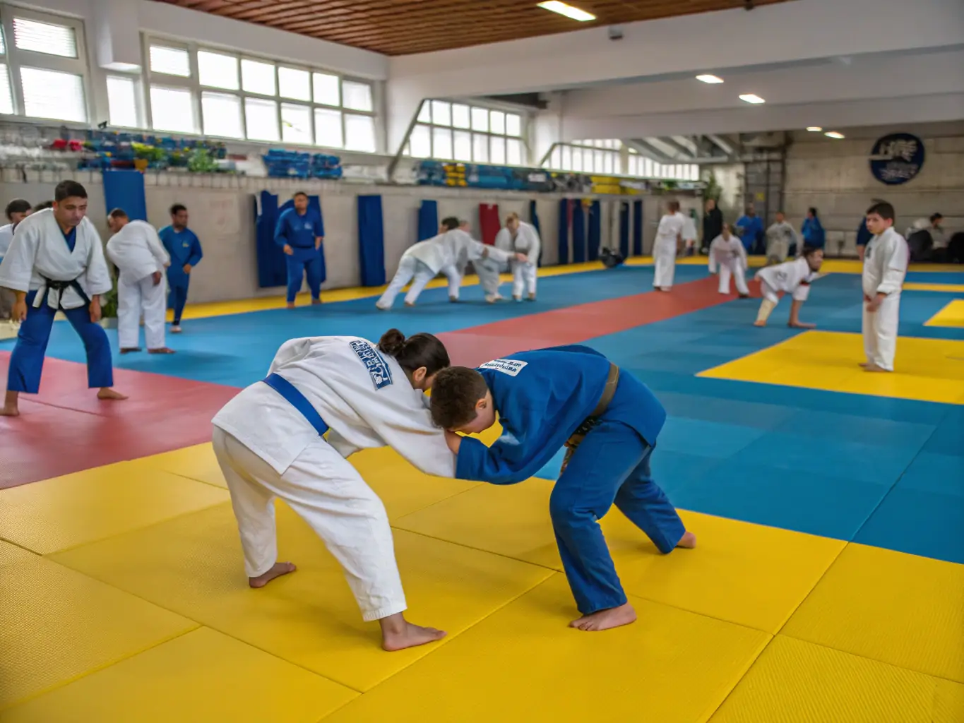 A diverse group of students participating in a judo competition, demonstrating various throws and grappling techniques in a competitive setting.