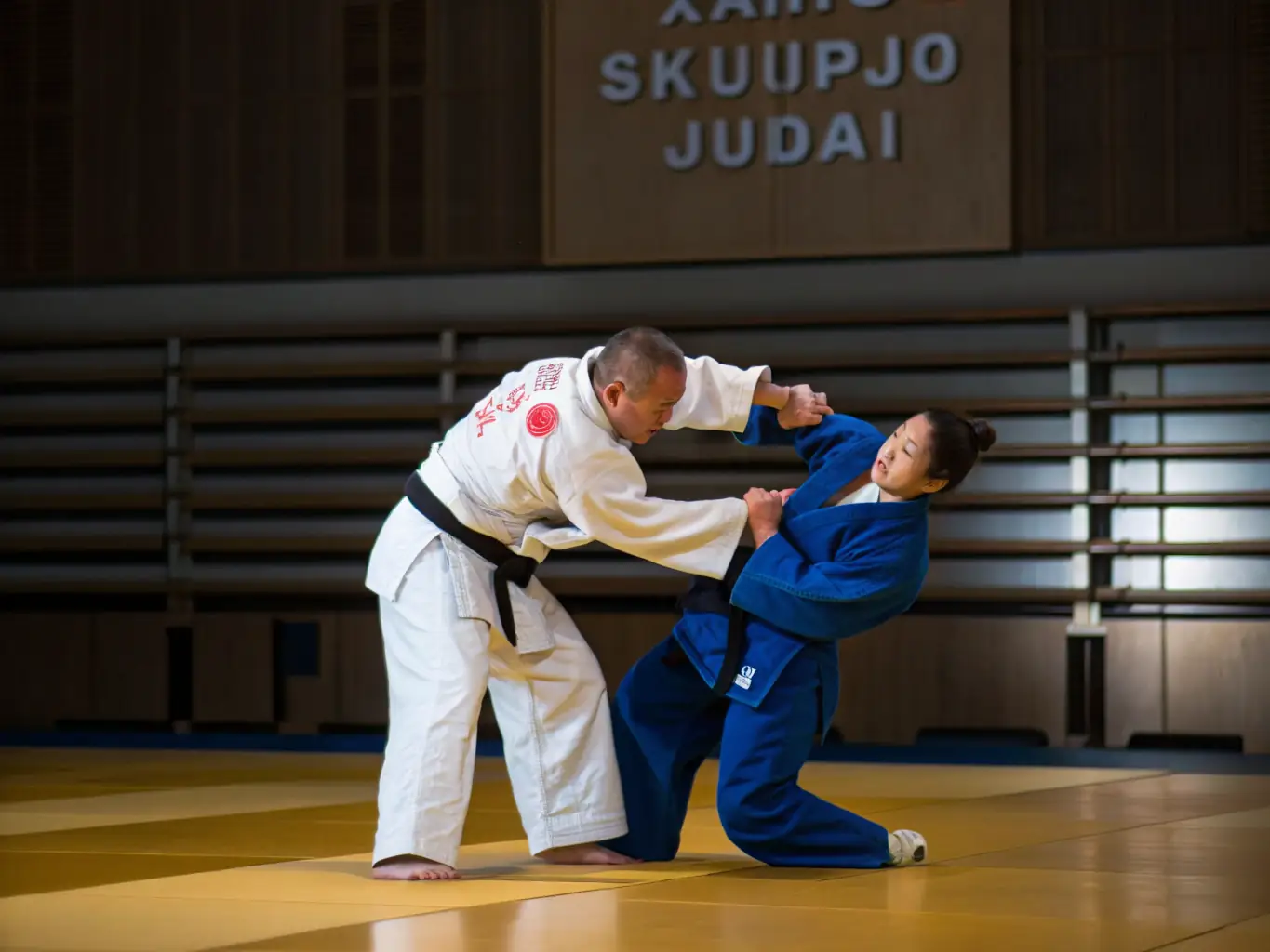 A powerful image of adults practicing Judo throws at JCO JUDO CLUB OLERONNAIS, highlighting the strength and precision of the movements.