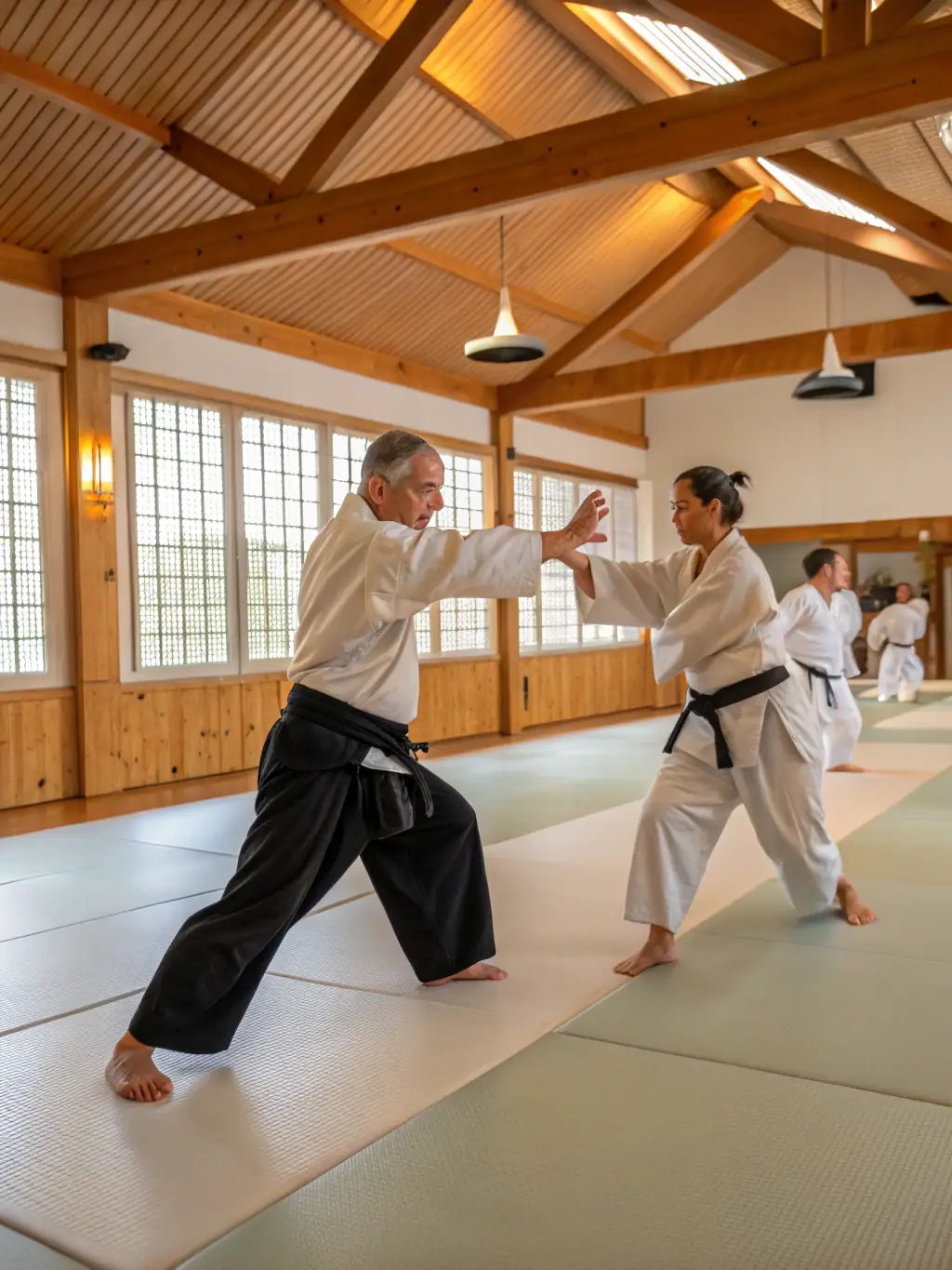 Adults in jujitsu uniforms practicing self-defense techniques at JCO JUDO CLUB OLERONNAIS, demonstrating practical application of the martial art.