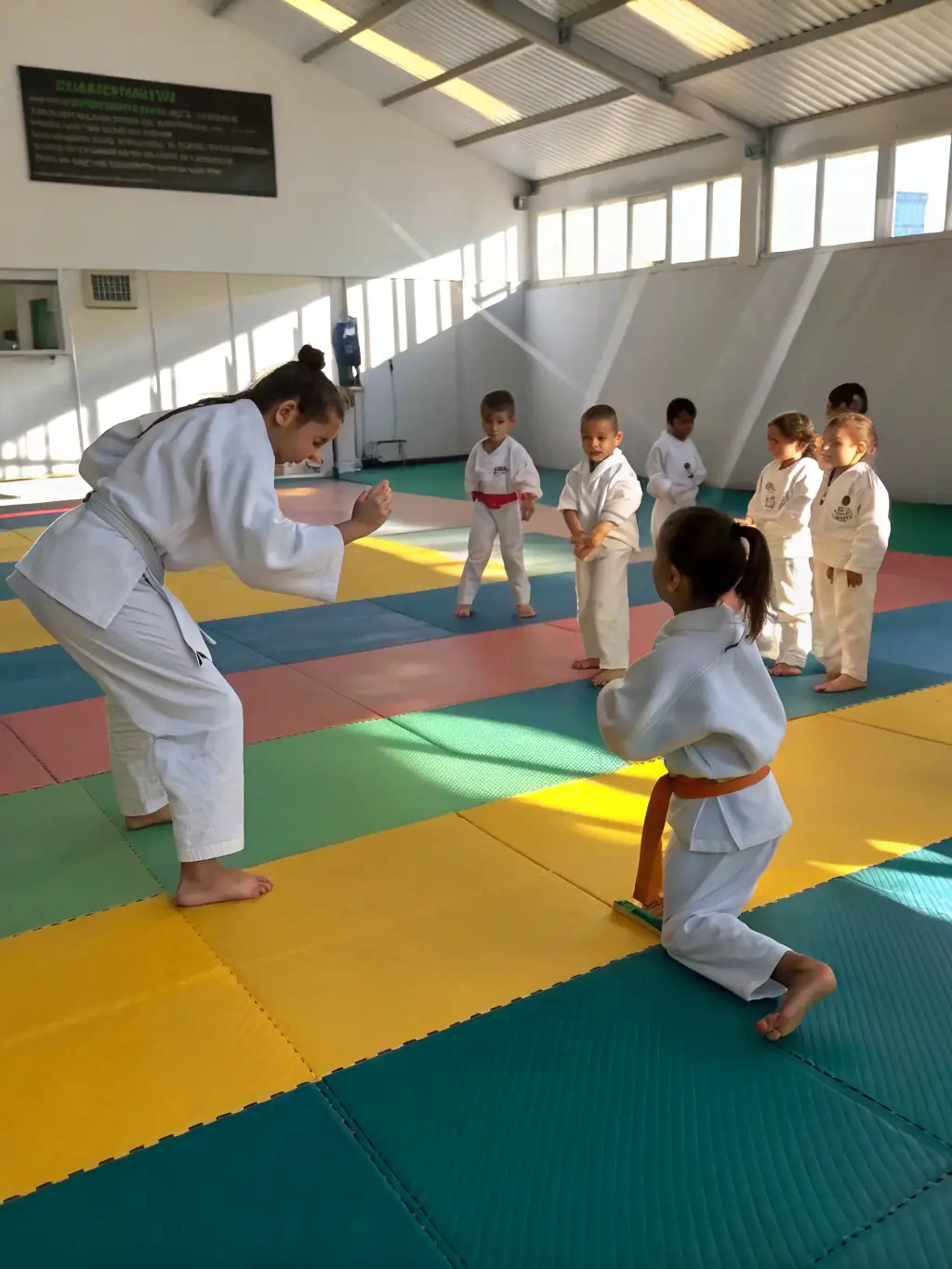 A group of children in judo uniforms practicing a basic stance under the guidance of an instructor at JCO JUDO CLUB OLERONNAIS.