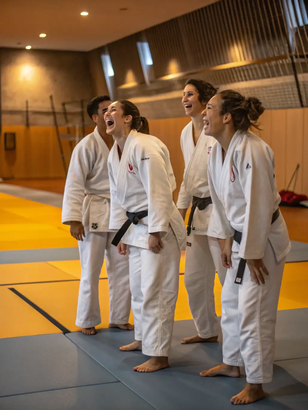 A group of judo students of varying ages celebrating a successful training session, highlighting the camaraderie and teamwork fostered within the club.