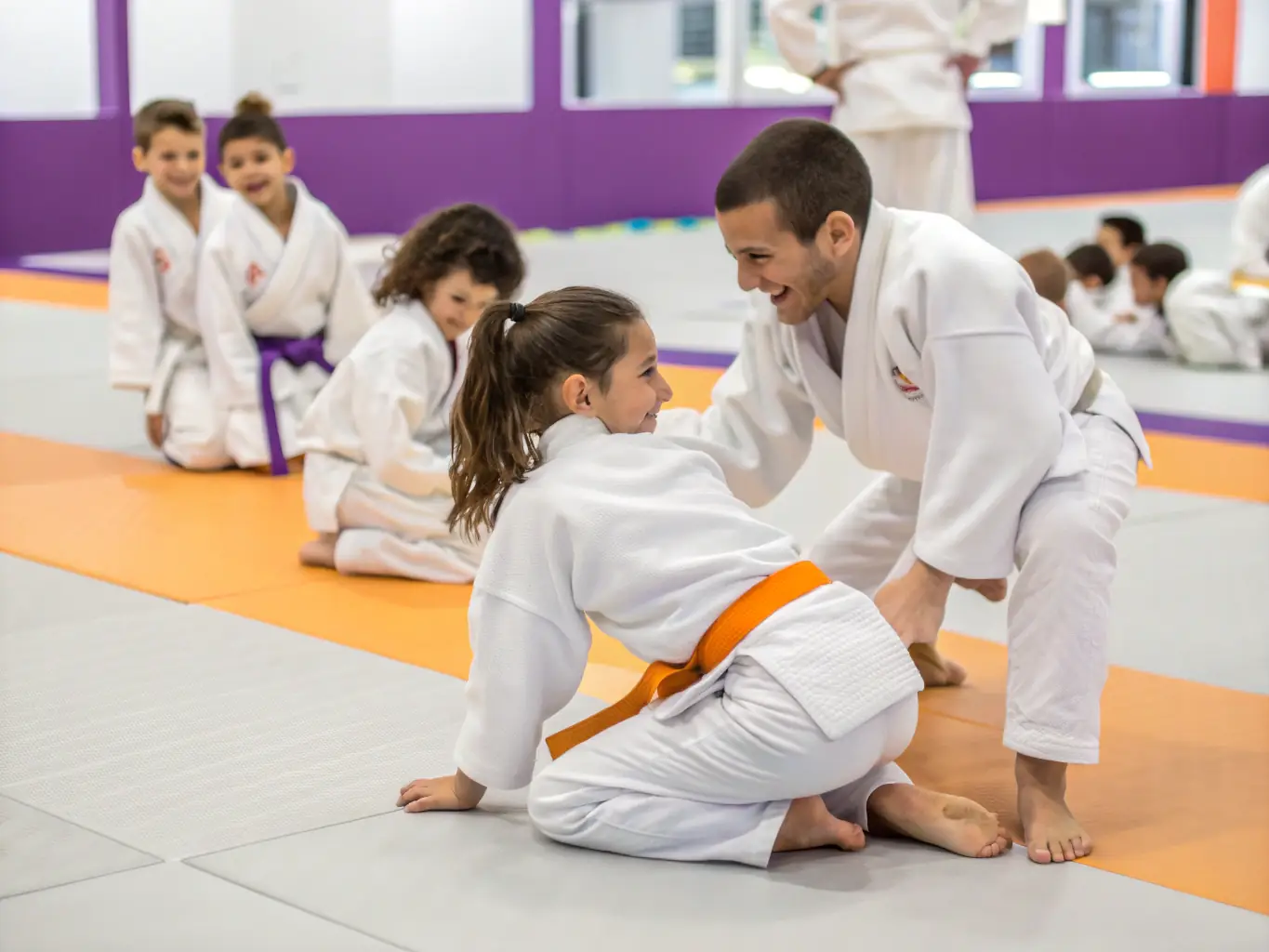 A dynamic photo capturing children practicing Judo techniques during a class at JCO JUDO CLUB OLERONNAIS, showcasing their focus and energy.