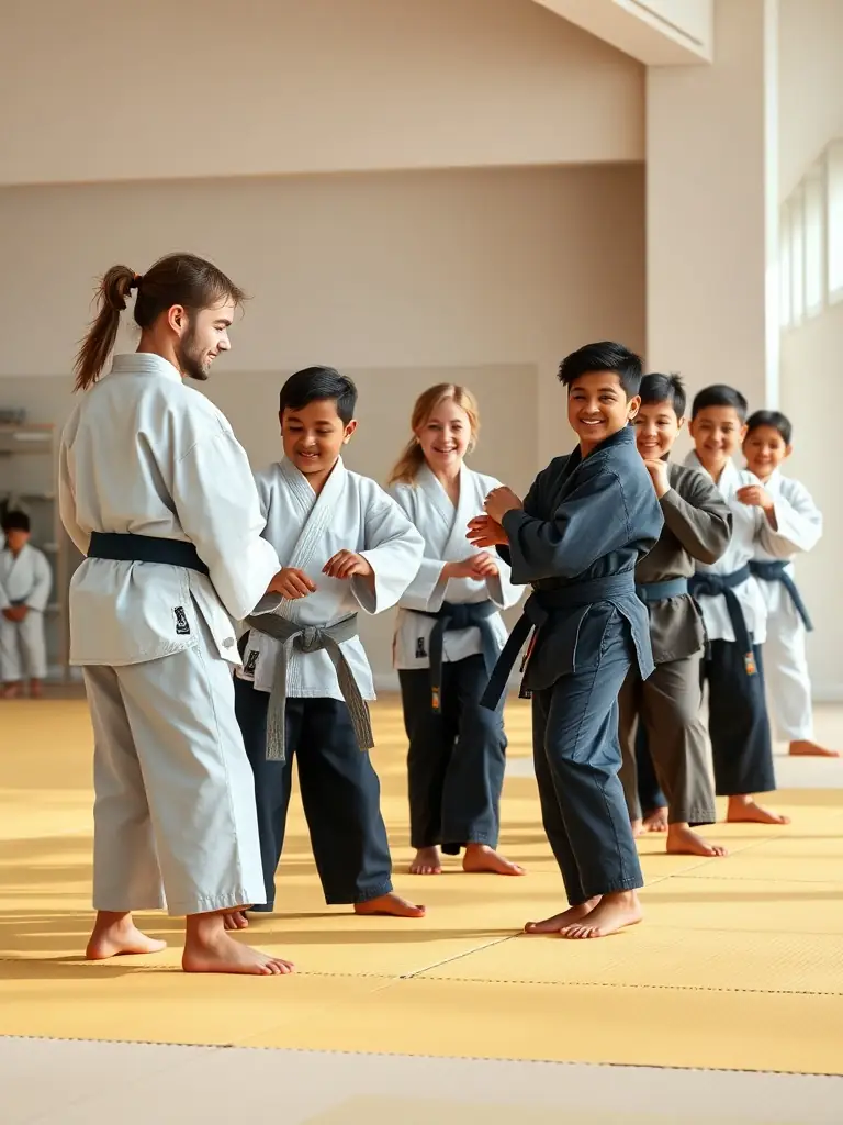 A diverse group of individuals participating in a mixed-level judo class at JCO JUDO CLUB OLERONNAIS, highlighting the inclusive nature of the club.