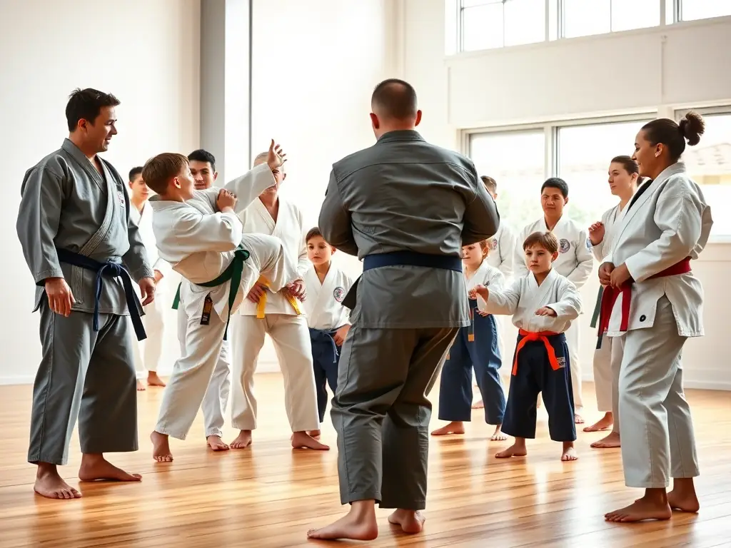A group of smiling Judo students of various ages and backgrounds standing together in their uniforms at JCO JUDO CLUB OLERONNAIS, representing the sense of community and camaraderie within the club.