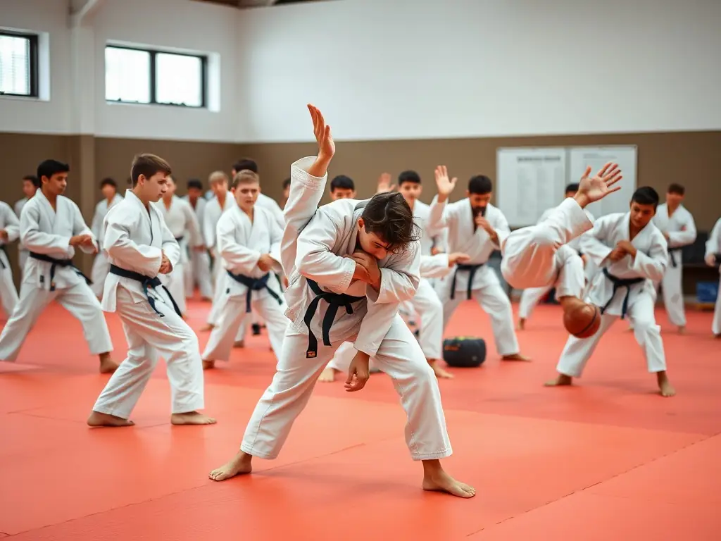 A diverse group of students practicing Judo throws and grappling techniques during a training session at JCO JUDO CLUB OLERONNAIS, showcasing the physical activity and skill development involved in Judo.