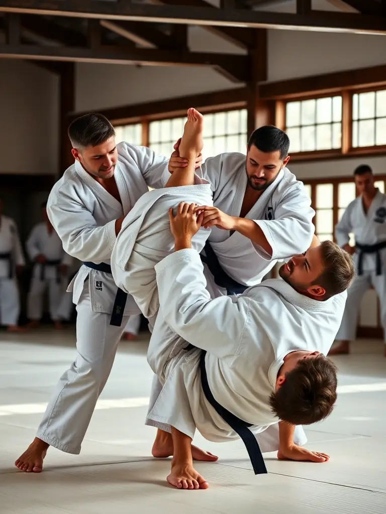 Adults in judo uniforms participating in a sparring session at JCO JUDO CLUB OLERONNAIS, showcasing dynamic movements.