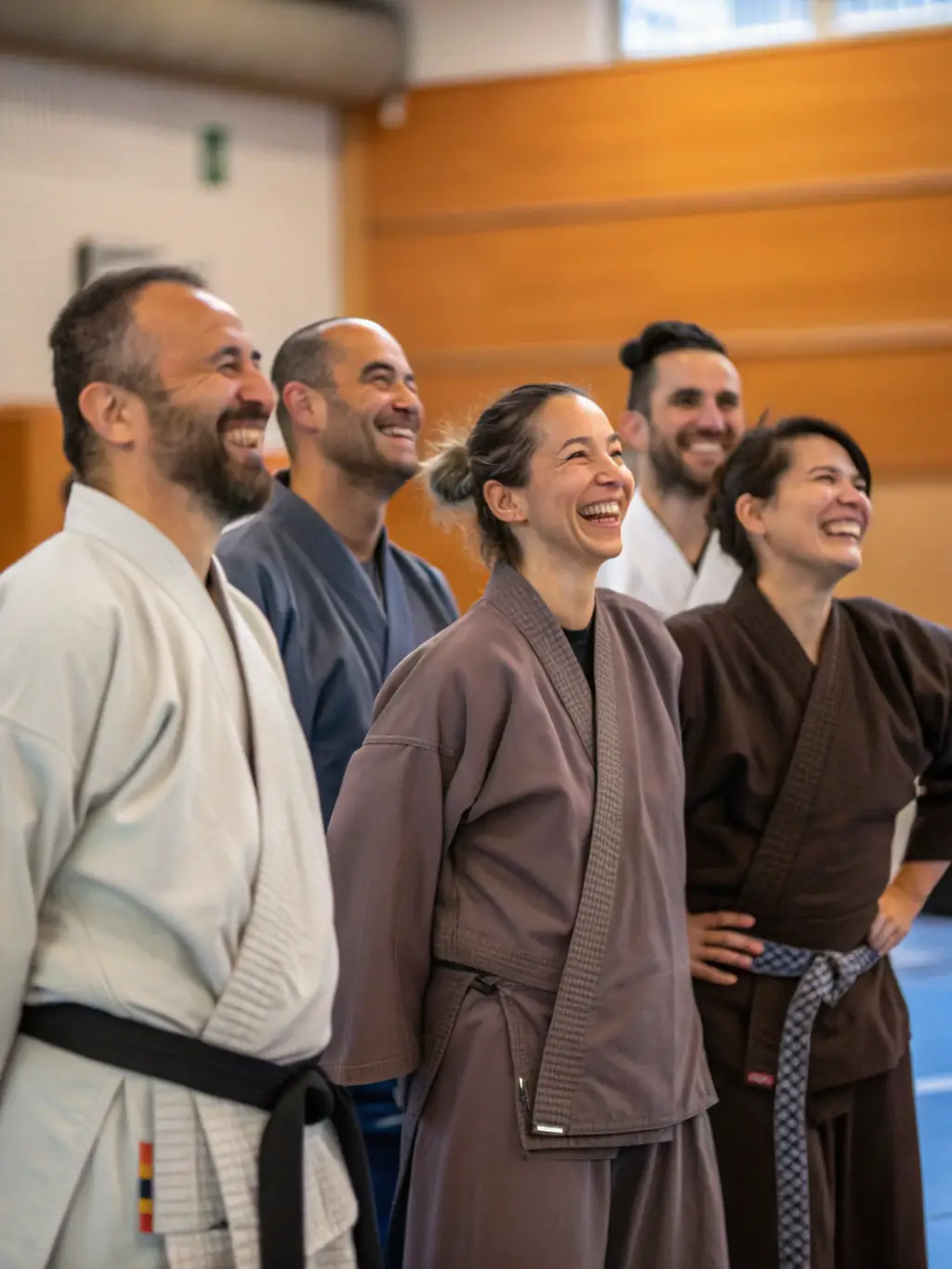 A diverse group of JCO JUDO CLUB OLERONNAIS members of different ages and backgrounds, smiling and interacting after a training session, emphasizing the club's inclusive and welcoming environment.