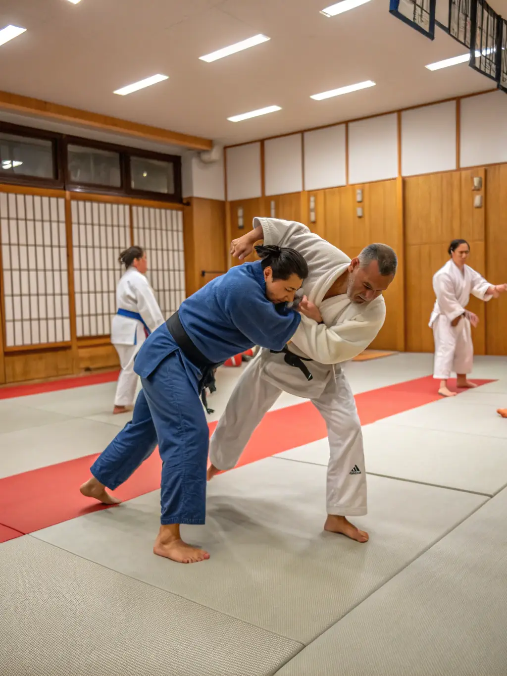 A photo of adult members of JCO JUDO CLUB OLERONNAIS engaged in a jujitsu sparring session, demonstrating the club's commitment to providing challenging and rewarding training for adults.