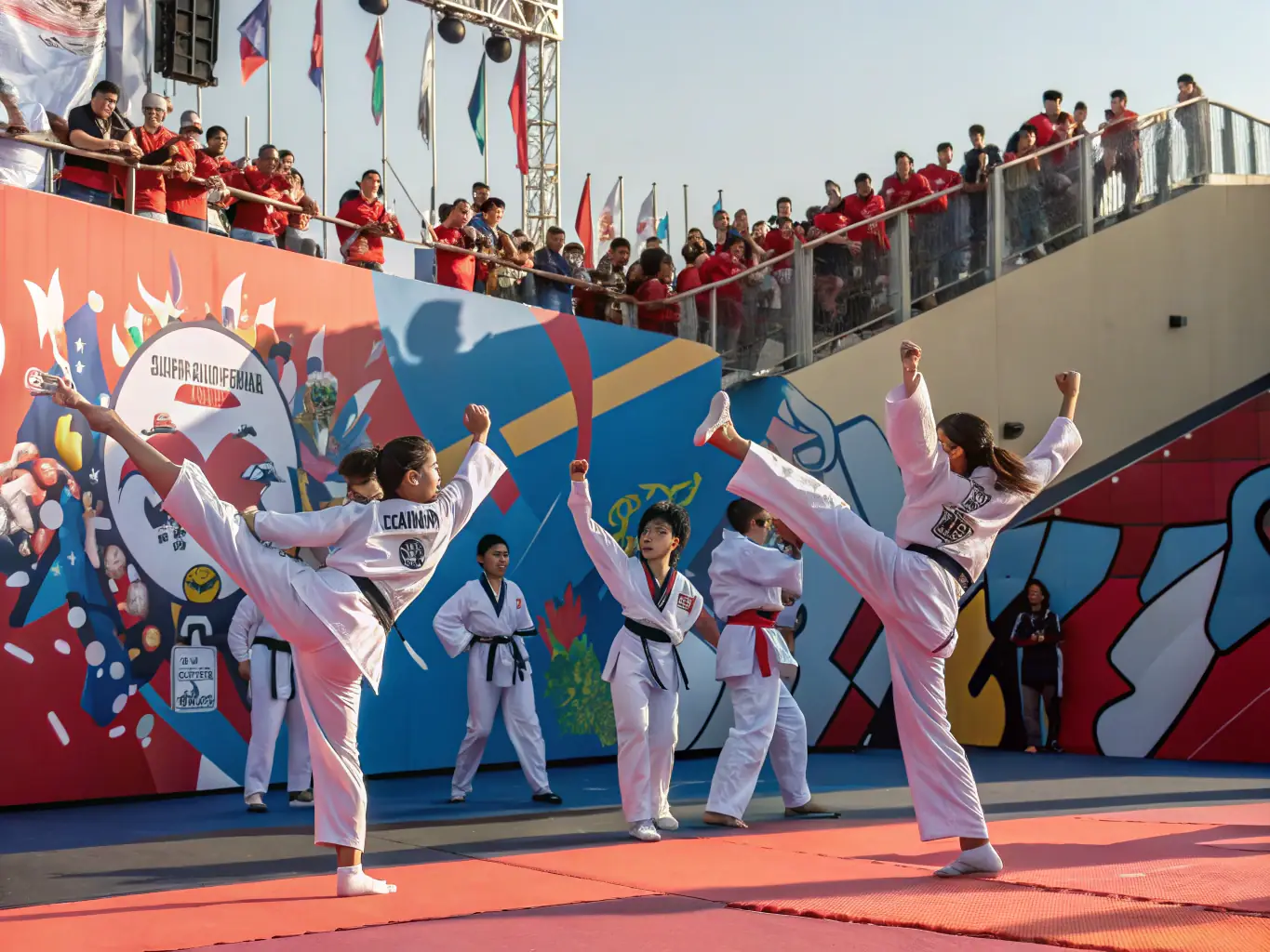A diverse group of students participating in a Judo competition, showcasing the competitive spirit and community engagement fostered by JCO JUDO CLUB OLERONNAIS.
