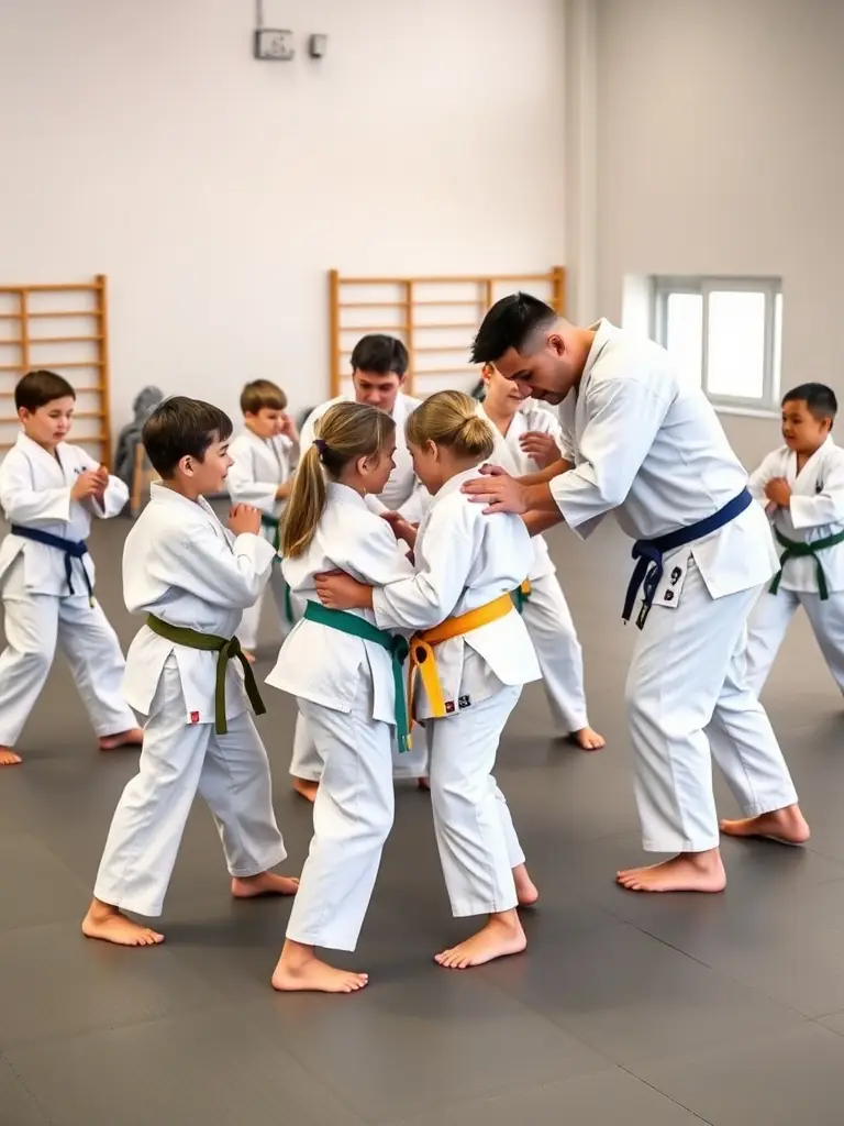A diverse group of adults practicing Jujitsu self-defense techniques at JCO JUDO CLUB OLERONNAIS, demonstrating practical applications.